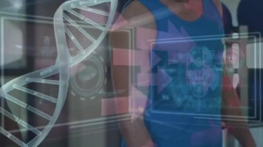 Afro-Amerikan erkekleri üzerinde tıbbi veri işleme animasyonu. global spor, fitness, bağlantılar ve teknoloji konsepti dijital olarak oluşturulmuş video.