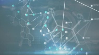 Yeşil zemin üzerinde DNA ve çeşitli verilerin animasyonu. Bilim, insan biyolojisi, teknoloji ve dijital arayüz konsepti dijital olarak oluşturulmuş video.