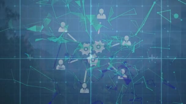 Animacja Sieci Połączeń Ikonami Nad Krajobrazem Globalne Połączenia Sieci Koncepcja — Wideo stockowe