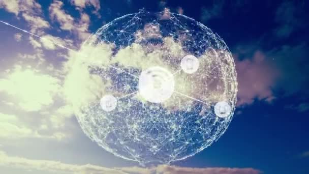 Анимация Сети Связей Иконками Над Облаками Небе Глобальных Соединений Сетевого — стоковое видео