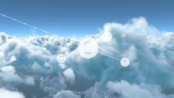 Animatie Van Netwerk Van Verbindingen Met Iconen Boven Wolken Lucht — Stockvideo