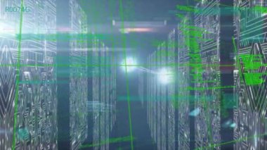 Hareket eden sütunlar üzerinde bağlantı ağının ve veri işleme ağının animasyonu. küresel teknoloji, veri işleme ve dijital arayüz kavramı dijital olarak oluşturulmuş video.