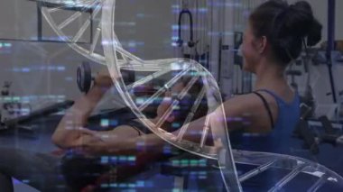 Kafkasyalı kadınlar üzerinde tıbbi veri işleme animasyonu. global spor, fitness, bağlantılar ve teknoloji konsepti dijital olarak oluşturulmuş video.