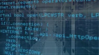 Sunucu odasında veri işleme animasyonu. küresel teknoloji, bağlantılar ve dijital arayüz konsepti dijital olarak oluşturulmuş video.
