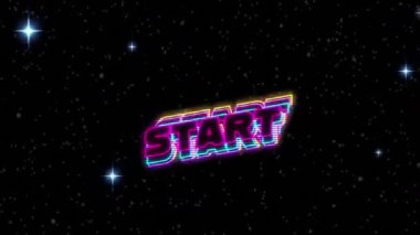 Başlangıç metninin pembe mavi ve sarı harflerle ışık noktalarının üzerinde canlandırması. Video oyunu ve iletişim konsepti dijital olarak oluşturuldu.