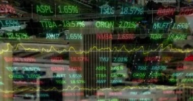 Şehirdeki finansal grafiklerin ve verilerin animasyonu. küresel finans, ekonomi ve teknoloji konsepti dijital olarak oluşturulmuş video.