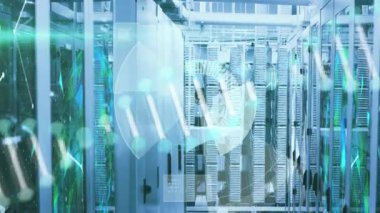 Sunucu odasındaki veri işleme ve DNA iplikçiklerinin animasyonu. küresel teknoloji, veri işleme ve dijital arayüz kavramı dijital olarak oluşturulmuş video.