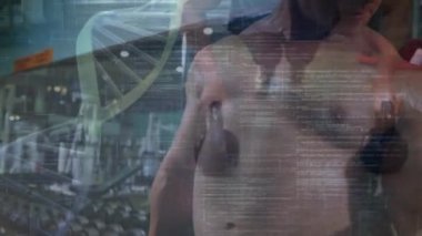 Kafkas erkekleri üzerinde tıbbi veri işleme animasyonu. global spor, fitness, bağlantılar ve teknoloji konsepti dijital olarak oluşturulmuş video.