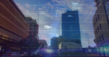 Şehirdeki finansal grafiklerin ve verilerin animasyonu. küresel finans, ekonomi ve teknoloji konsepti dijital olarak oluşturulmuş video.