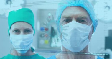 Yüz maskeli cerrahlar üzerinde Coperid 19 hücresi animasyonu. küresel covid 19 salgın, ilaç ve sağlık hizmetleri konsepti dijital olarak oluşturulmuş video.