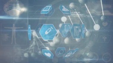 DNA animasyonu, dönen simgeler ve gri arkaplan üzerinde çeşitli veriler. Bilim, insan biyolojisi, teknoloji ve dijital arayüz konsepti dijital olarak oluşturulmuş video.