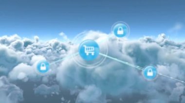 Gökyüzündeki bulutların üzerindeki simgelerle bağlantı ağının animasyonu. küresel bağlantılar, ağ ve dijital arayüz konsepti dijital olarak oluşturulmuş video.