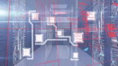 Sunucu odasındaki veri işleme ve bağlantı ağının animasyonu. küresel teknoloji, veri işleme ve dijital arayüz kavramı dijital olarak oluşturulmuş video.