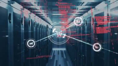 Sunucu odasında veri işleme animasyonu. küresel teknoloji, bağlantılar ve dijital arayüz konsepti dijital olarak oluşturulmuş video.