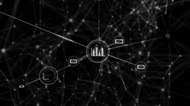 Siyah arkaplan üzerindeki simgelerle bağlantı ağının animasyonu. küresel bağlantılar, ağ ve dijital arayüz konsepti dijital olarak oluşturulmuş video.