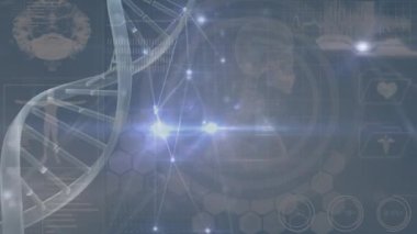 Gri arkaplan üzerinde DNA ve çeşitli bilimsel verilerin animasyonu. Bilim, insan biyolojisi, teknoloji ve dijital arayüz konsepti dijital olarak oluşturulmuş video.