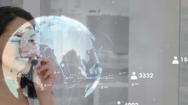 Animation Globe Data Processing Caucasian Businesswoman Using Phone Headset Global — Stock Video