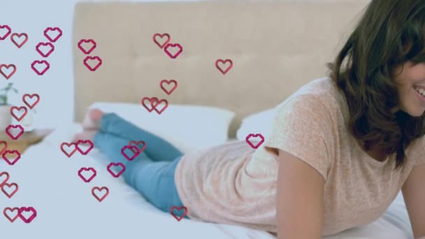 Animation Red Hearts Happy Biracial Woman Using Smartphone Global Social — Stockvideo