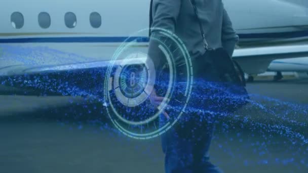 Animation Scopes Data Processing Caucasian Businessman Airplane Global Business Travel — Stok Video