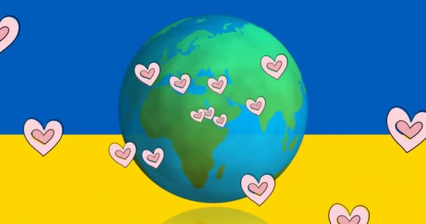 Animação Corações Globo Sobre Bandeira Ucrânia Crise Ucraniana Conceito Política — Vídeo de Stock