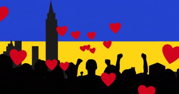 Κινούμενα Σχέδια Καρδιών Και Cityuscape Πάνω Από Σημαία Της Ουκρανίας — Αρχείο Βίντεο