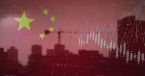 Animatie Van Vlag Van China Gegevensverwerking Stadsgezicht Mondiaal Business Finance — Stockvideo