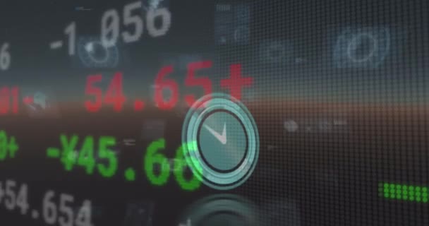 Animation Der Datenverarbeitung Über Uhr Und Schwarzem Hintergrund Globales Business — Stockvideo