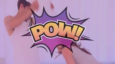 Pow text over speech bubble against caucasian couple playing pillow fight. pillow fight and togetherness concept