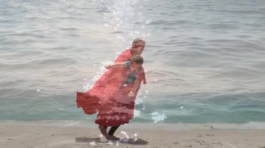 Deniz animasyonu, mutlu beyaz baba ve oğulun süper kahramanlar gibi giyinip eğlenmesi üzerine. aile ve birlikte kaliteli zaman geçirme kavramı dijital olarak oluşturulmuş video.
