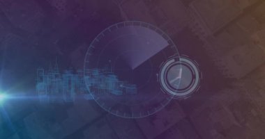 Dijital şehirde hareket eden saatin animasyonu. küresel iş ve dijital arayüz kavramı dijital olarak oluşturulmuş video.
