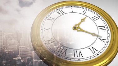 Şehrin üzerinde hareket eden saatin animasyonu. iş, şehir hayatı ve zaman kavramı dijital olarak üretilen video konsepti.