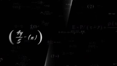 Matematiksel denklemlerin ve siyah arkaplan şekillerinin animasyonu. eğitim ve dijital arayüz kavramı dijital olarak oluşturulmuş video.