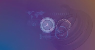 Saat ve mavi arka planda veri işleme animasyonu. küresel iş ve dijital arayüz kavramı dijital olarak oluşturulmuş video.