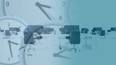 Ofis masalarının üzerinde bilgisayarlarla hareket eden saatin animasyonu. iş, ofis ve zaman kavramında çalışmak dijital olarak oluşturulan video.