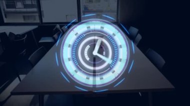 Ofis masalarında sandalyelerle hareket eden saatin animasyonu. iş, ofis ve zaman kavramında çalışmak dijital olarak oluşturulan video.