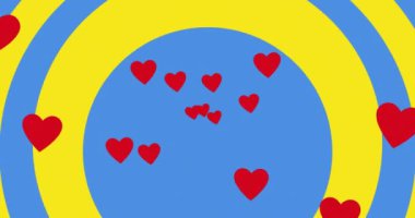 Ukrayna bayrağı renginde daireler üzerinde yüzen kalplerin animasyonu. Ukrayna krizi ve uluslararası politika kavramı dijital olarak oluşturuldu.