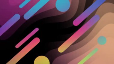 Siyah zemin üzerinde pembe ve turuncu dalgalar üzerinde renkli çizgiler ve dairelerin animasyonu. gölge, desen ve renk konsepti dijital olarak oluşturulmuş video.