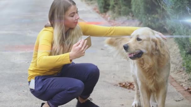 Blue Red Light Trails Caucasian Woman Talking Selfie Her Dog — Stock Video