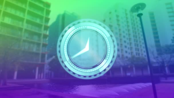 Animación Del Reloj Moviéndose Sobre Paisaje Urbano Verde Violeta Negocio — Vídeo de stock