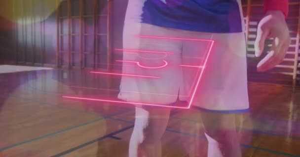 Neon Basketball Court Layout African American Male Basketball Player Practicing — Vídeos de Stock