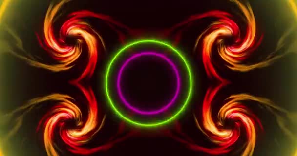 Animace Spirálních Plamenů Neonových Kruhů Černém Pozadí Stínové Obrazové Barevné — Stock video
