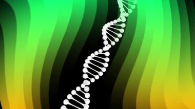 Yeşil parlayan dalgaların üzerinde dönen DNA iplikçiklerinin animasyonu. Bilim ve araştırma konsepti dijital olarak oluşturulmuş video.