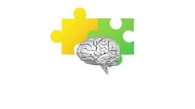 Renkli bulmacalar ve beyaz arka planda dönen beyin animasyonları. Ulusal bulmaca günü ve düşünme konsepti dijital olarak oluşturulmuş video.