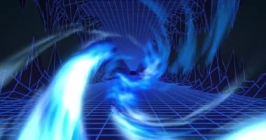 Mavi ve siyah metaevren üzerinde hareket eden mavi ışıklardan oluşan tünelin animasyonu. gölge, desen, renk ve teknoloji konsepti dijital olarak oluşturulmuş video.