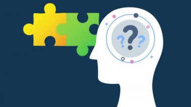 Donanma arka planında renkli bulmacalar üzerinde soru işaretleri olan insan profili animasyonu. Ulusal bulmaca günü ve düşünme konsepti dijital olarak oluşturulmuş video.