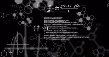 Matematiksel denklemlerin animasyonu ve kara arkaplan üzerinde veri işleme. eğitim ve dijital arayüz kavramı dijital olarak oluşturulmuş video.