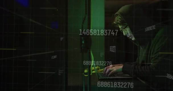 Animation Data Processing Asian Male Hacker Server Room Global Technology — стоковое видео