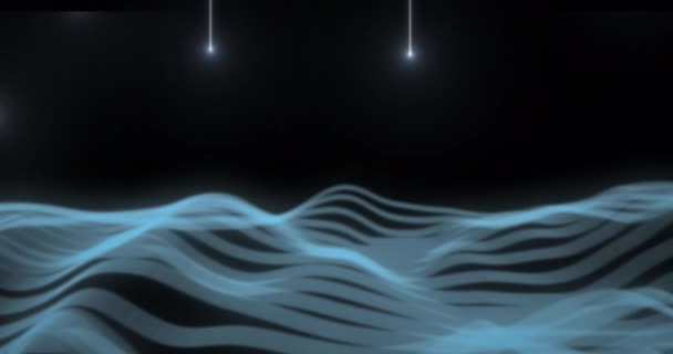 Animação Luzes Desenhando Formas Sobre Ondas Azuis Sobre Fundo Preto — Vídeo de Stock
