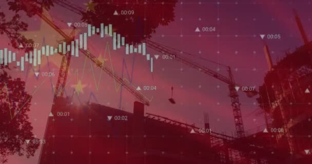 Animación Bandera China Procesamiento Datos Sobre Sitio Construcción Negocio Global — Vídeo de stock