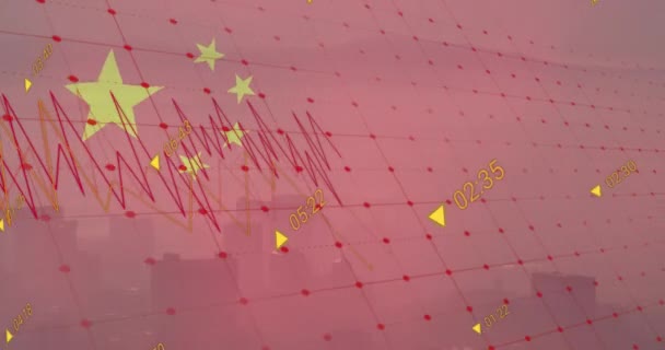Анимация Флага Китая Обработка Данных Над Городским Пейзажем Глобальный Бизнес — стоковое видео